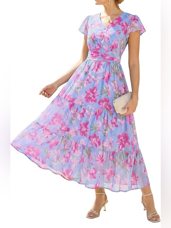 Grace Karin Dresses & Skirts - GRACE KARIN Light Blue Floral Ruffle Sleeve Maxi Dress Small